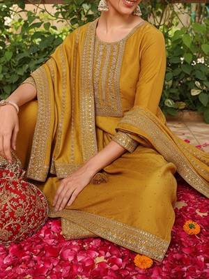 mustard color embroidered silk blend styles kurta palazzo with dupatta 2
