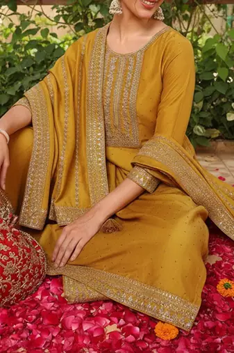 mustard color embroidered silk blend styles kurta palazzo with dupatta