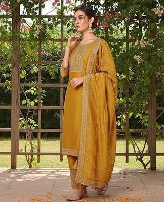 mustard color embroidered silk blend styles kurta palazzo with dupatta 3