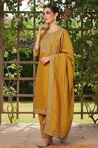 mustard color embroidered silk blend styles kurta palazzo with dupatta