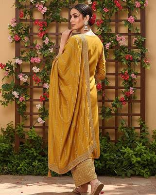 mustard color embroidered silk blend styles kurta palazzo with dupatta 4