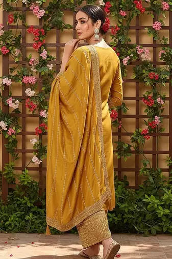 mustard color embroidered silk blend styles kurta palazzo with dupatta