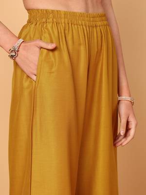 mustard color embroidered silk blend styles kurta palazzo with dupatta 5
