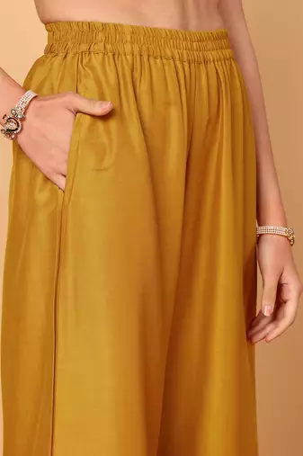 mustard color embroidered silk blend styles kurta palazzo with dupatta