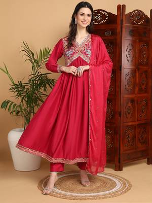 pink color embroidered silk blend styles kurta trouser with dupatta 1