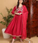 pink color embroidered silk blend styles kurta trouser with dupatta