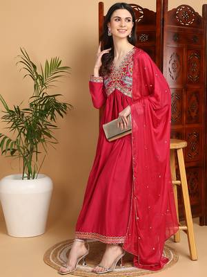 pink color embroidered silk blend styles kurta trouser with dupatta 3