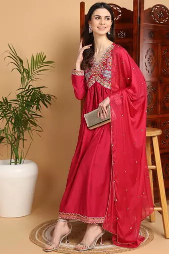 pink color embroidered silk blend styles kurta trouser with dupatta
