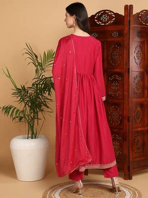 pink color embroidered silk blend styles kurta trouser with dupatta 4