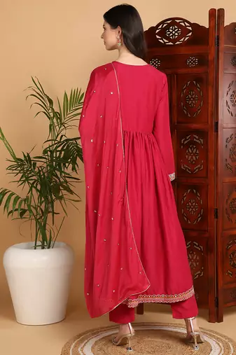 pink color embroidered silk blend styles kurta trouser with dupatta