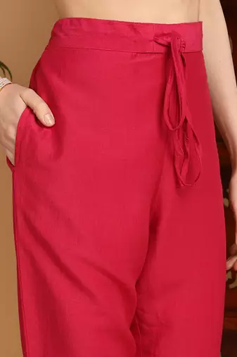 pink color embroidered silk blend styles kurta trouser with dupatta