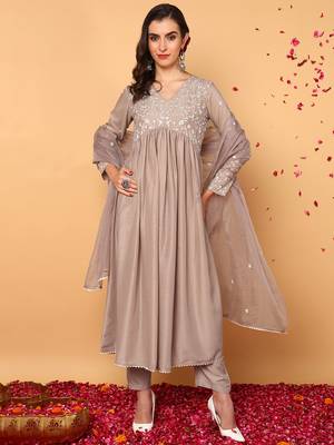 nude color embroidered silk blend styles kurta trouser with dupatta 1
