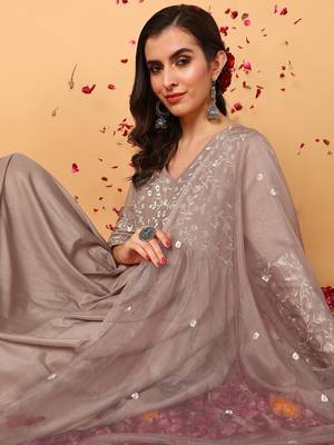 nude color embroidered silk blend styles kurta trouser with dupatta 2
