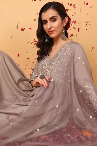 nude color embroidered silk blend styles kurta trouser with dupatta
