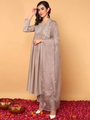 nude color embroidered silk blend styles kurta trouser with dupatta 3