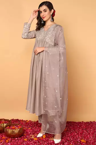 nude color embroidered silk blend styles kurta trouser with dupatta
