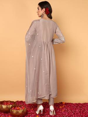 nude color embroidered silk blend styles kurta trouser with dupatta 4