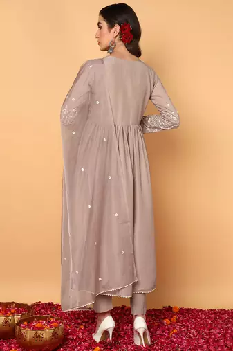 nude color embroidered silk blend styles kurta trouser with dupatta