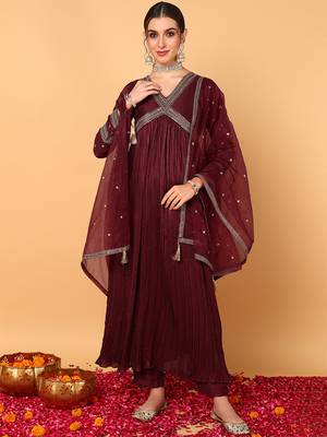 maroon color embroidered silk blend styles kurta trouser with dupatta 1