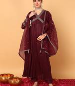 maroon color embroidered silk blend styles kurta trouser with dupatta