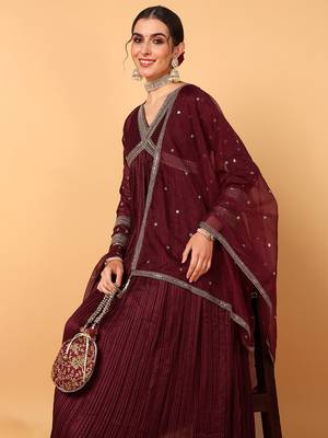 maroon color embroidered silk blend styles kurta trouser with dupatta 2