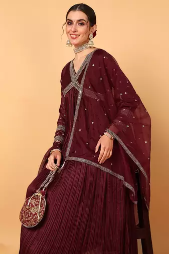 maroon color embroidered silk blend styles kurta trouser with dupatta