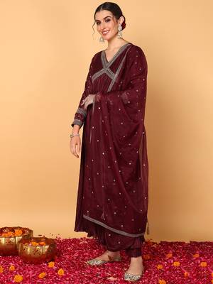 maroon color embroidered silk blend styles kurta trouser with dupatta 3