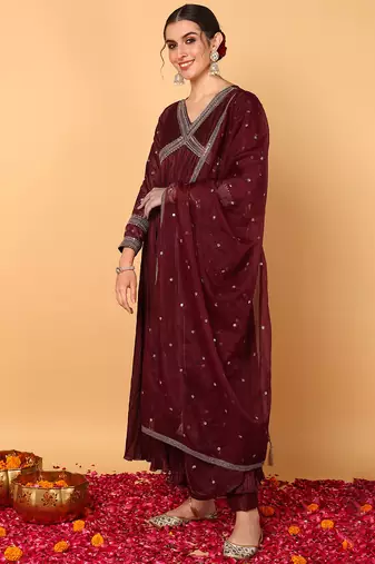 maroon color embroidered silk blend styles kurta trouser with dupatta