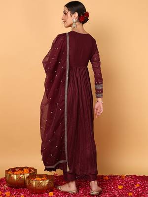 maroon color embroidered silk blend styles kurta trouser with dupatta 4