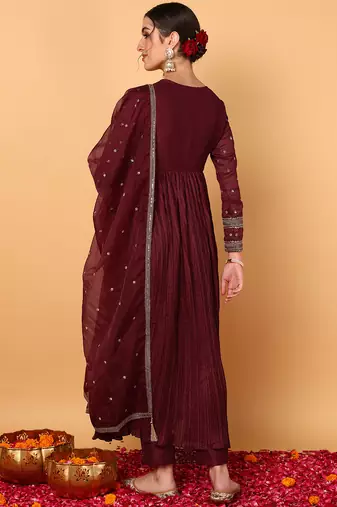 maroon color embroidered silk blend styles kurta trouser with dupatta