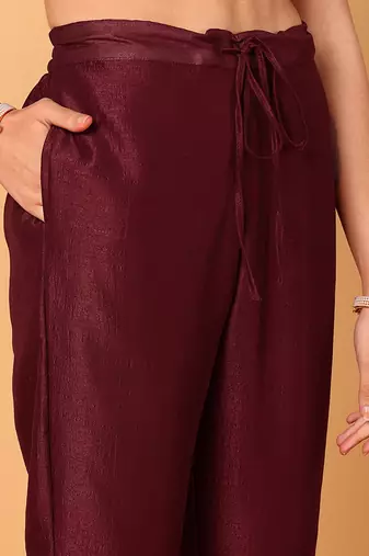 maroon color embroidered silk blend styles kurta trouser with dupatta
