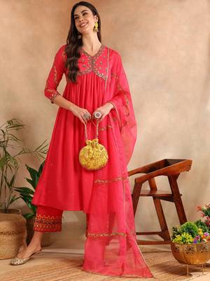 pink color embroidered silk blend styles kurta trouser with dupatta 1