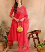 pink color embroidered silk blend styles kurta trouser with dupatta