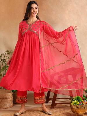 pink color embroidered silk blend styles kurta trouser with dupatta 3
