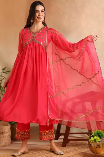 pink color embroidered silk blend styles kurta trouser with dupatta