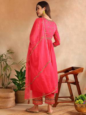 pink color embroidered silk blend styles kurta trouser with dupatta 4