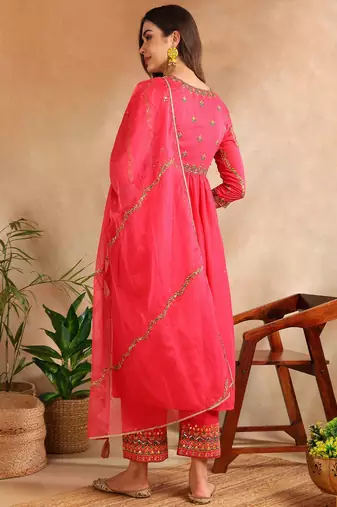 pink color embroidered silk blend styles kurta trouser with dupatta