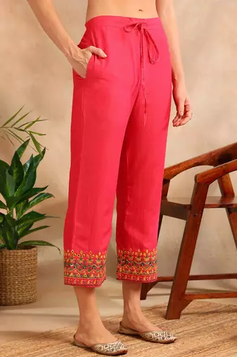 pink color embroidered silk blend styles kurta trouser with dupatta