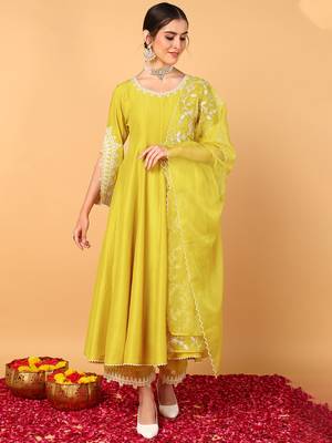 yellow color embroidered silk blend styles kurta palazzo with dupatta 1