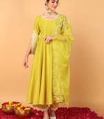 yellow color embroidered silk blend styles kurta palazzo with dupatta