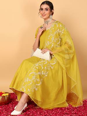 yellow color embroidered silk blend styles kurta palazzo with dupatta 2