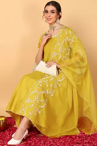 yellow color embroidered silk blend styles kurta palazzo with dupatta