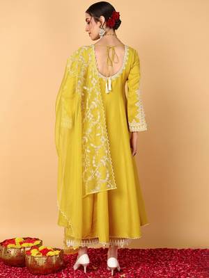 yellow color embroidered silk blend styles kurta palazzo with dupatta 3