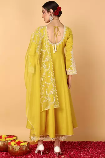 yellow color embroidered silk blend styles kurta palazzo with dupatta