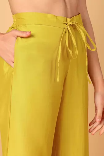 yellow color embroidered silk blend styles kurta palazzo with dupatta