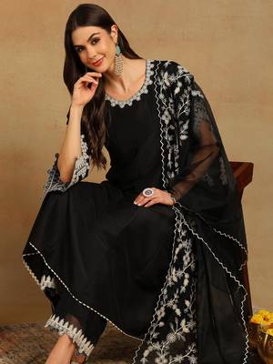 black color embroidered silk blend styles kurta palazzo with dupatta 1