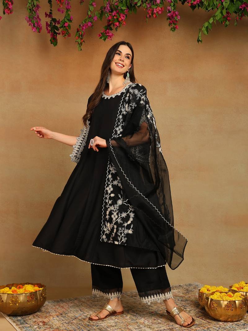 black color embroidered silk blend styles kurta palazzo with dupatta