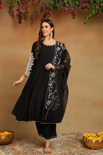 black color embroidered silk blend styles kurta palazzo with dupatta