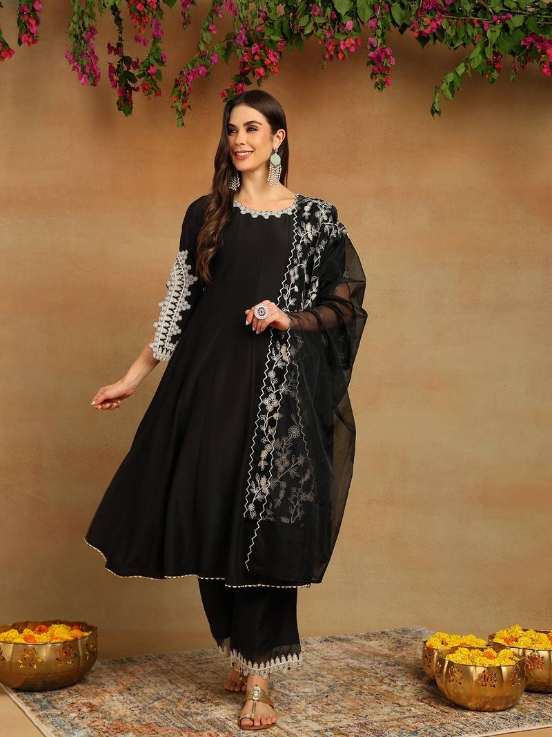 black color embroidered silk blend styles kurta palazzo with dupatta