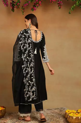 black color embroidered silk blend styles kurta palazzo with dupatta